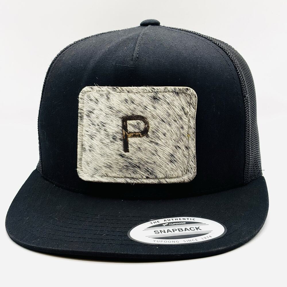 SnapBack Trucker Hat Cap Black P Initial Calf Hair Patch